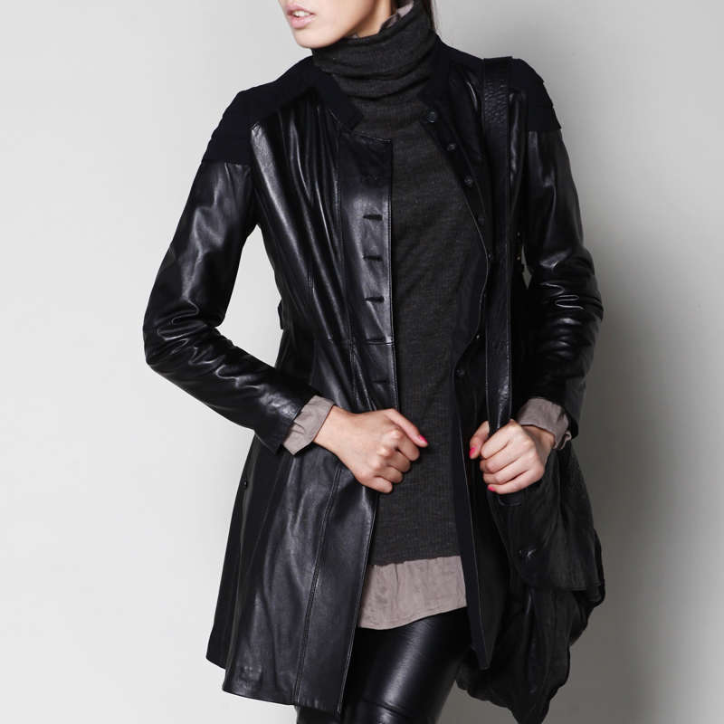 Ailanthuses 2013 sheepskin silk medium-long small stand collar slim genuine leather clothing