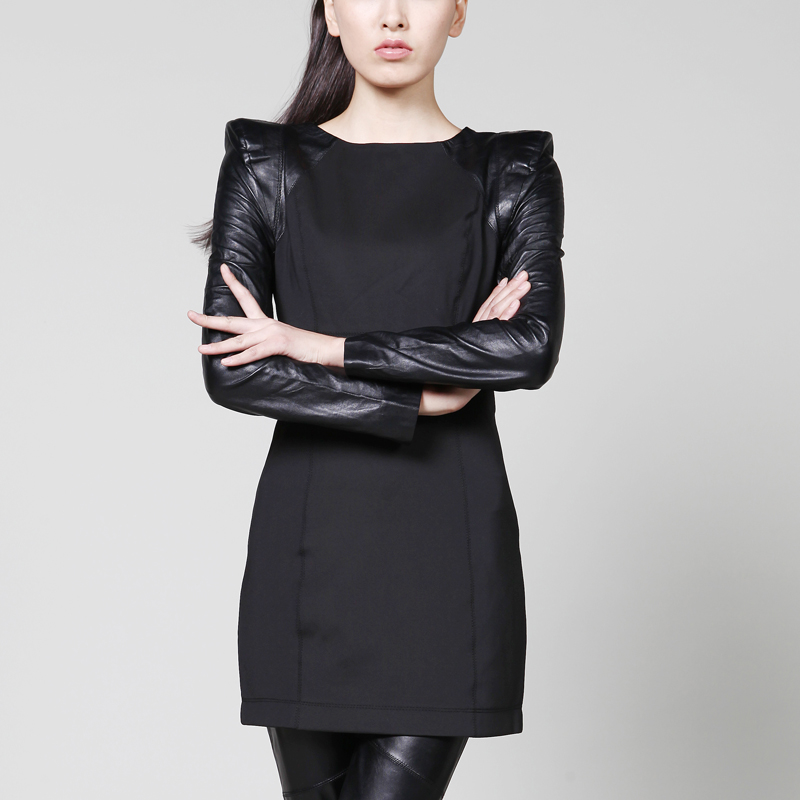 Ailanthuses 2013 spring genuine leather patchwork leather mid waist o-neck long-sleeve dress