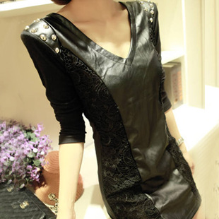 Aim 2012 slim punk lace patchwork rivet long-sleeve leather one-piece dress