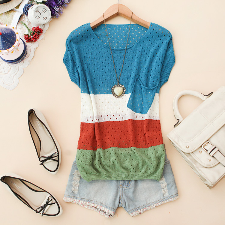 Ain-s465 2012 loose color block decoration pocket cutout sweater g-05