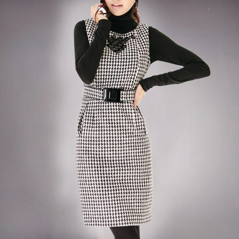 Airangel autumn and winter women houndstooth rhinestone leather sheep sweater vest one-piece dress plus size available