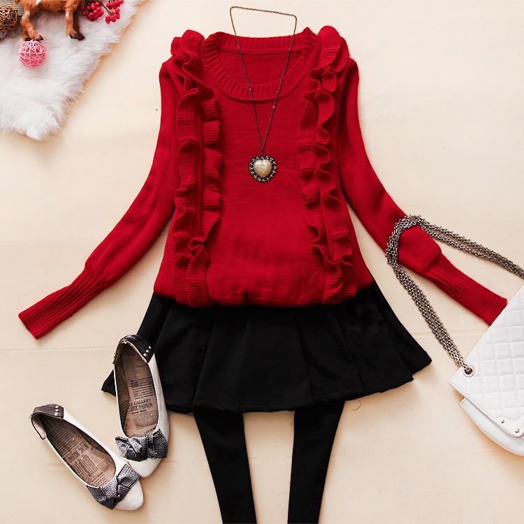 Aiw-x297 spring basic shirt pullover o-neck ruffle long-sleeve knitted sweater female