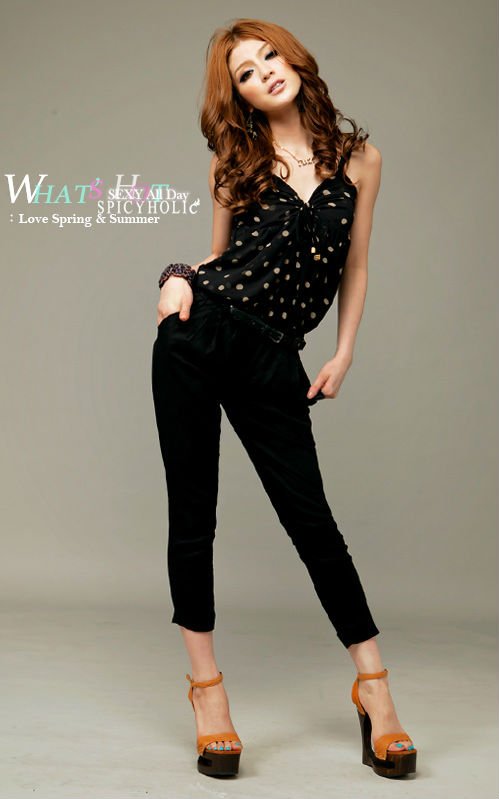 Alibaba Express Women Cotton + Chiffon Dot Jumpsuit Romper Cropped Pants Trouser HG22636