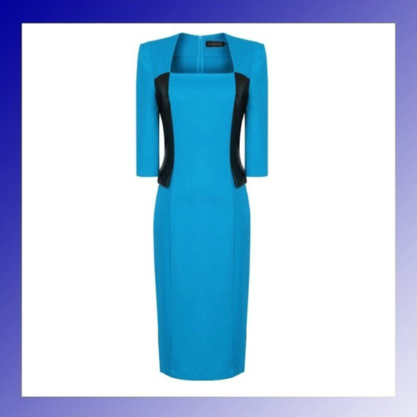 Aliexpress 2013 spring hot selling vintage square collar leather patchwork slim ol dresses fashion woolen one-piece blue dress
