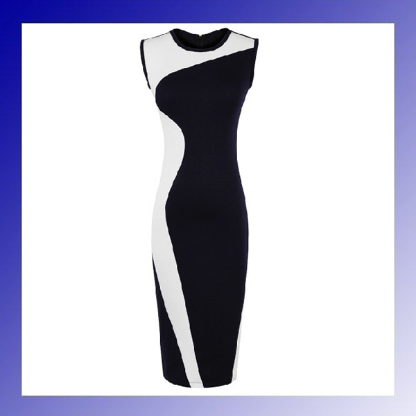 Aliexpress Fashion high quality ladies dress geometry design dark blue and white arc patchwork knitted basic leisure dresses