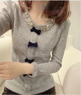 All-match ! 3 beaded bow shirt pullover top /FREE SHIPPING BY CPAM