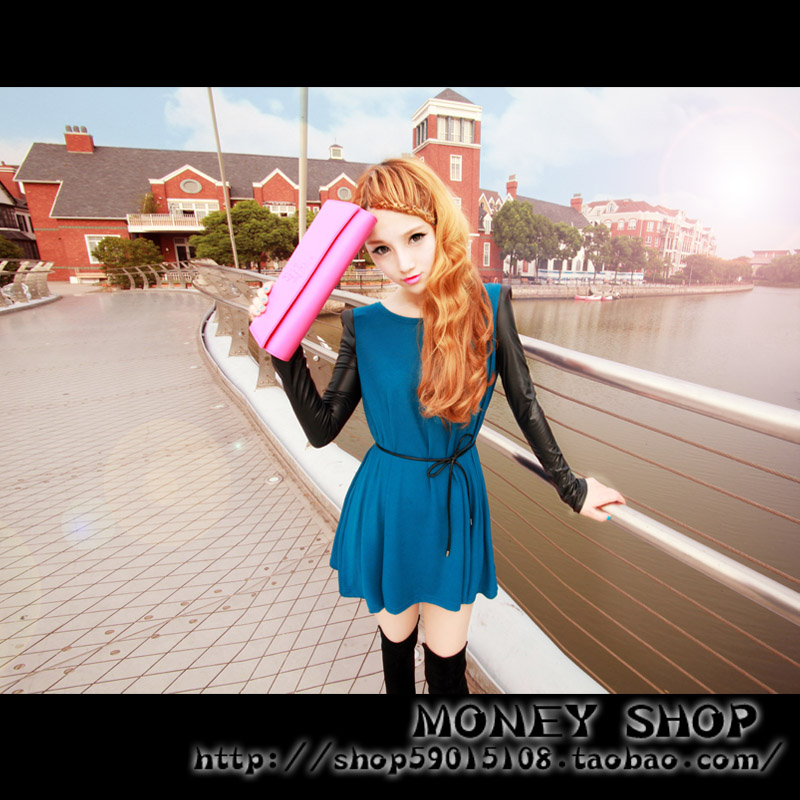 All-match autumn and winter small shoulder pads patchwork knitted high waist one-piece dress slim waist leather belt