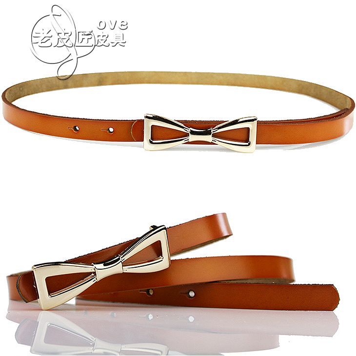 All-match bow metal buckle cowhide women's thin belt fashion genuine leather tieclasps strap