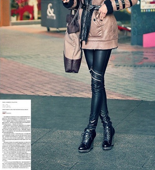 All-match fashion pencil pants handsome oblique zipper matte faux leather tights ankle length legging