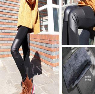 All-match faux leather patchwork thickening legging female skinny pants pencil pants beaver goatswool warm boots pants