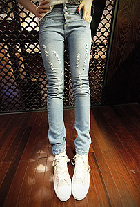 All-match high waist distrressed retro finishing jeans - - 8002