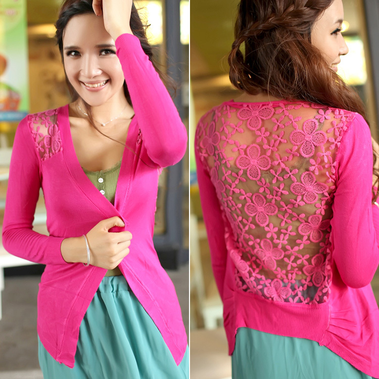 All-match long-sleeve sweater cardigan female cutout gauze four leaf grass knitted outerwear air conditioning shirt