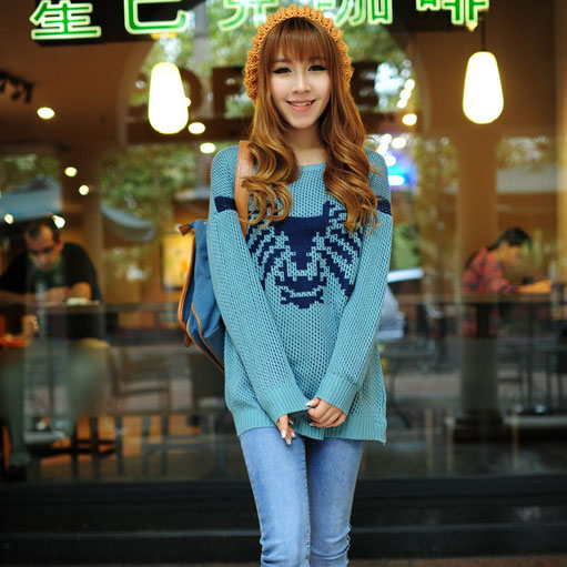 All-match medium-long owl jacquard basic pullover loose sweater female 62605