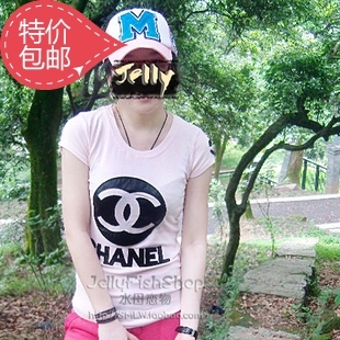 All-match paillette 100% cotton short-sleeve candy color chromophous leather slim big t-shirt