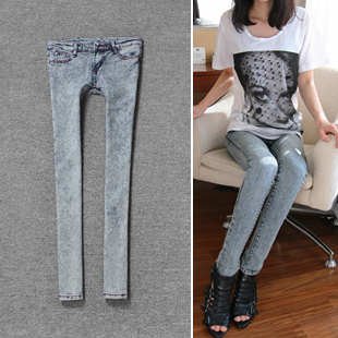 All-match sexy tight stovepipe light blue vintage white pants pencil pants elastic skinny pants 3053