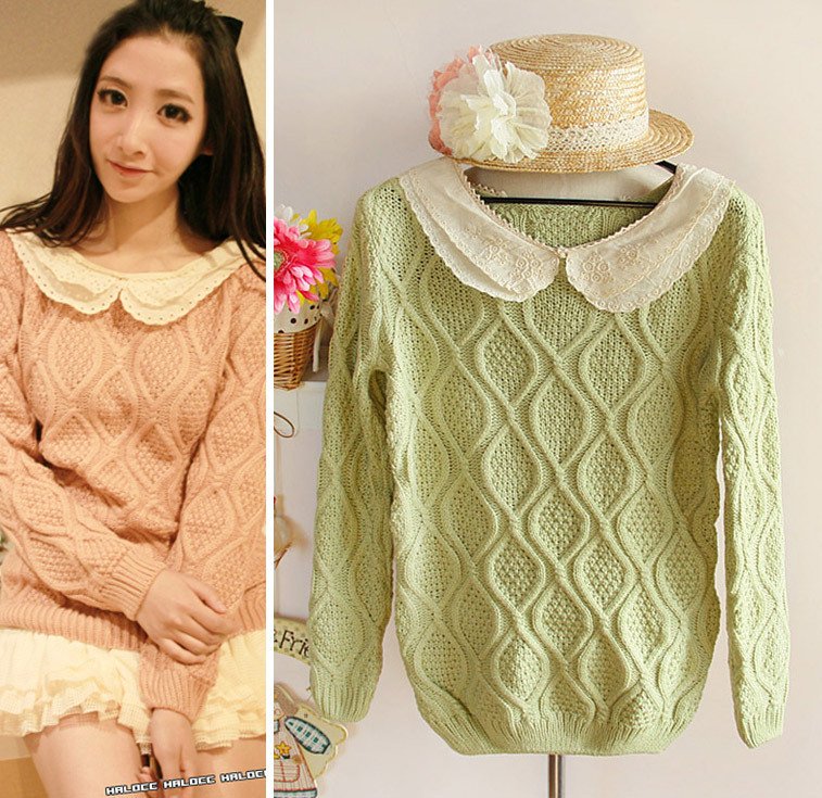 All-match sweet peter pan collar lace turn-down collar rhombus twisted flower pullover sweater ,H-S ,Free shipping