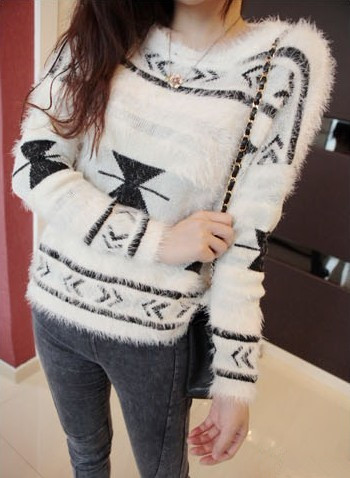 All-match vintage goths geometry rhombus pattern mohair sweater female
