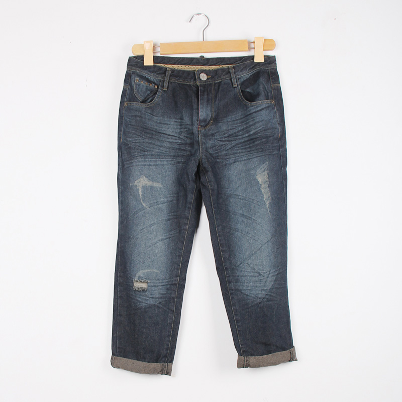 All-match . water wash brief retro finishing hole denim ankle length trousers