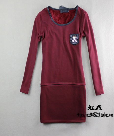 All-match women's plus velvet thickening dress skull faux leather pocket long-sleeve dress