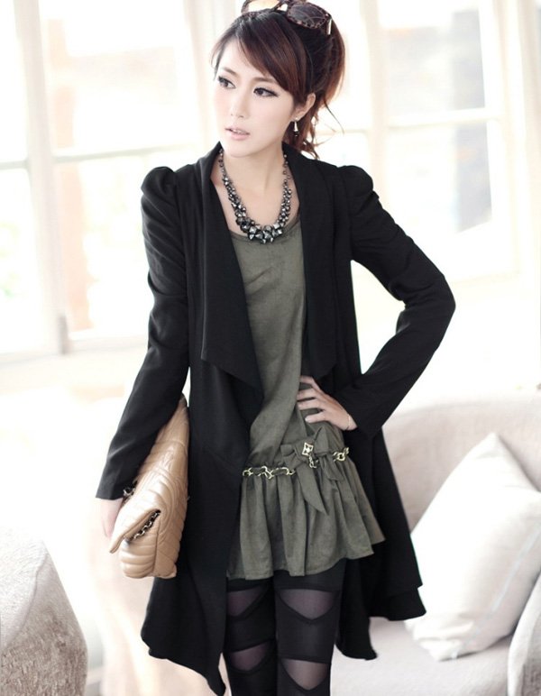 ALLFORYOU2012 autumn women new long slim women's windbreaker jacket coat OL fashion Free Shipping Black size:S M L QNY089