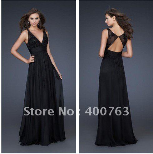 Amazing A-line V Neck Chiffon Open Back Black Empire Evening Gowns
