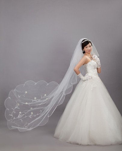 Amazing new ivory 1 layer gauze long Appilque bride wedding veil let you the most beautiful bride