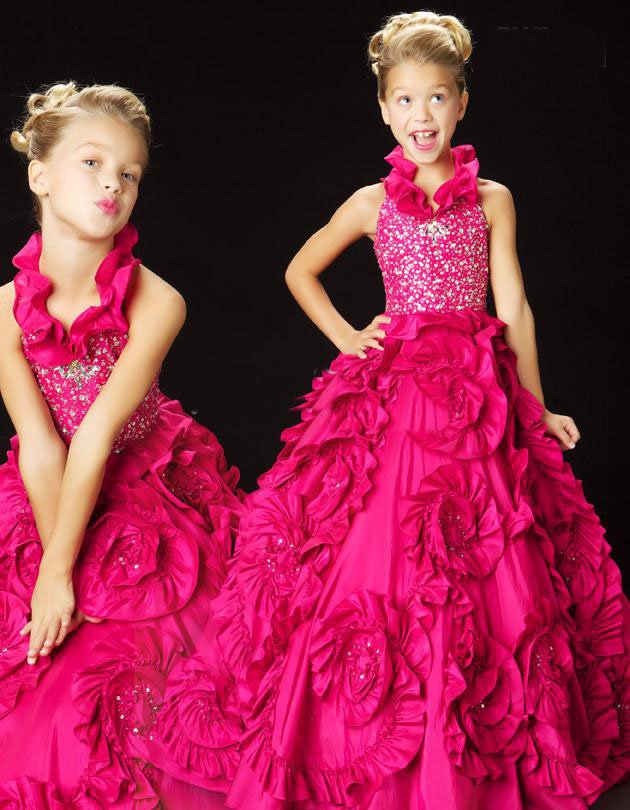Amazing Ruffle Details Red Fuchsia Beaded Taffeta Little Girl Pageant Dresses Flower Girl Dresses