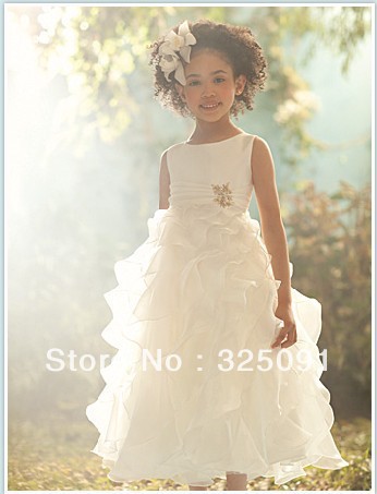 Amazing Two Shoulder Boat Neck Flower Girl Dresses Beads Ruffle Ruched Party Fashion White Long  little queen Gowns Free Ship
