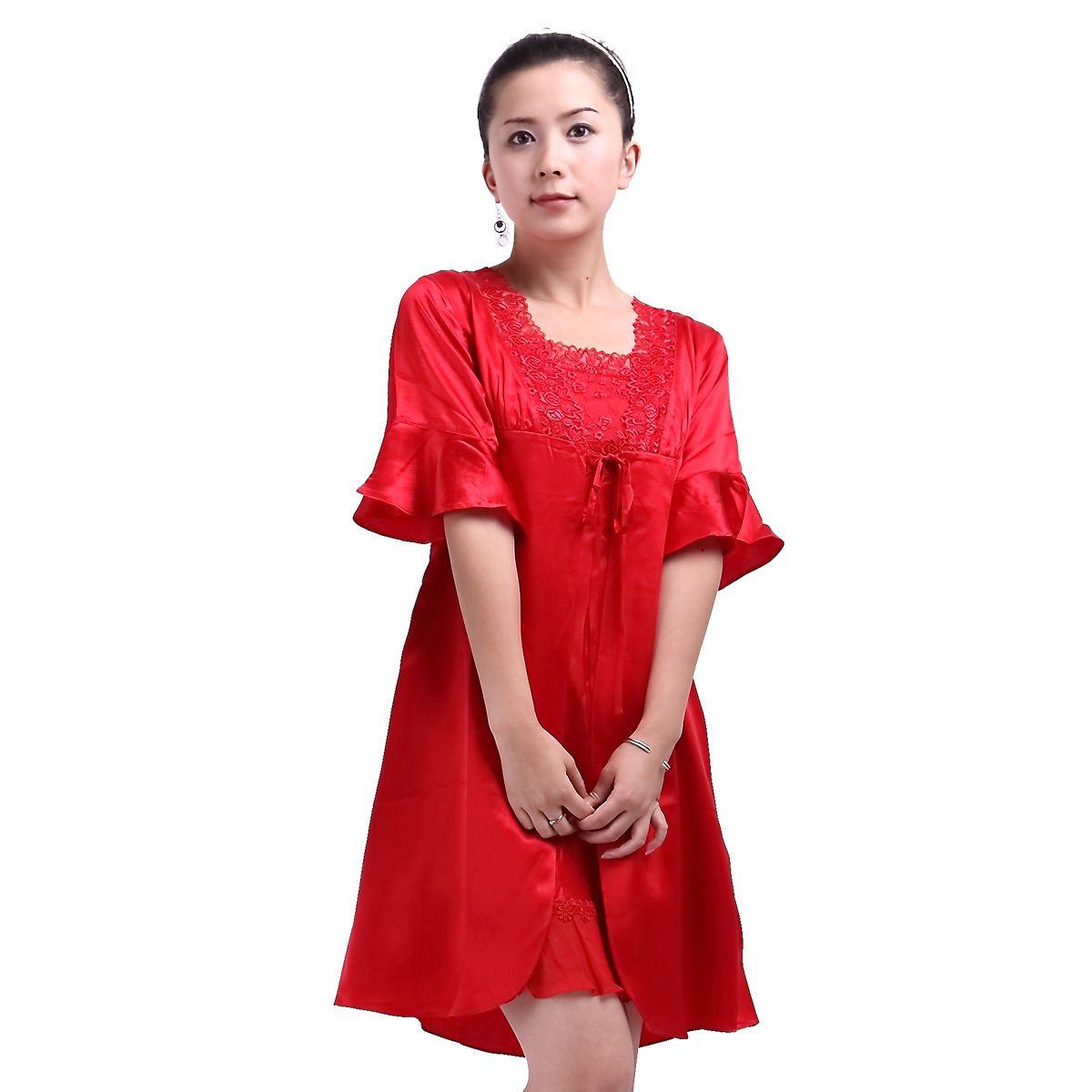 American standard lounge female autumn and winter silk sleepwear mulberry silk short-sleeve single robe 210018