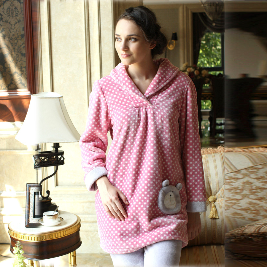 American standard lounge female winter coral fleece fashion polka dot long-sleeve sleep set 61545