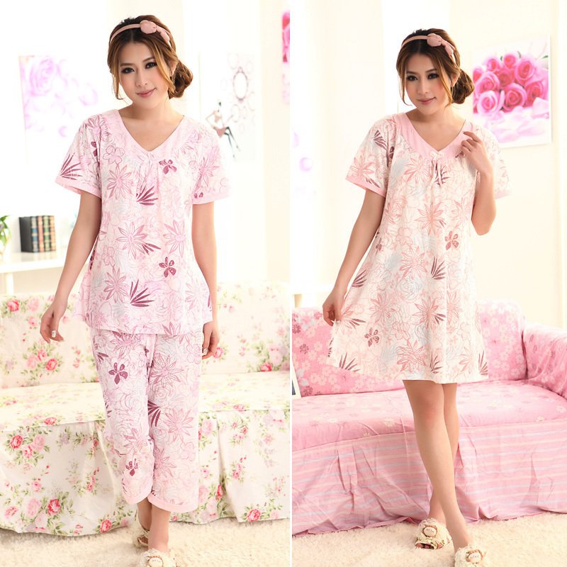 AMIO Women's eco-friendly Comfortable 100% Cotton Short-sleeve Lounge Sleepwear Nightgown Pattern