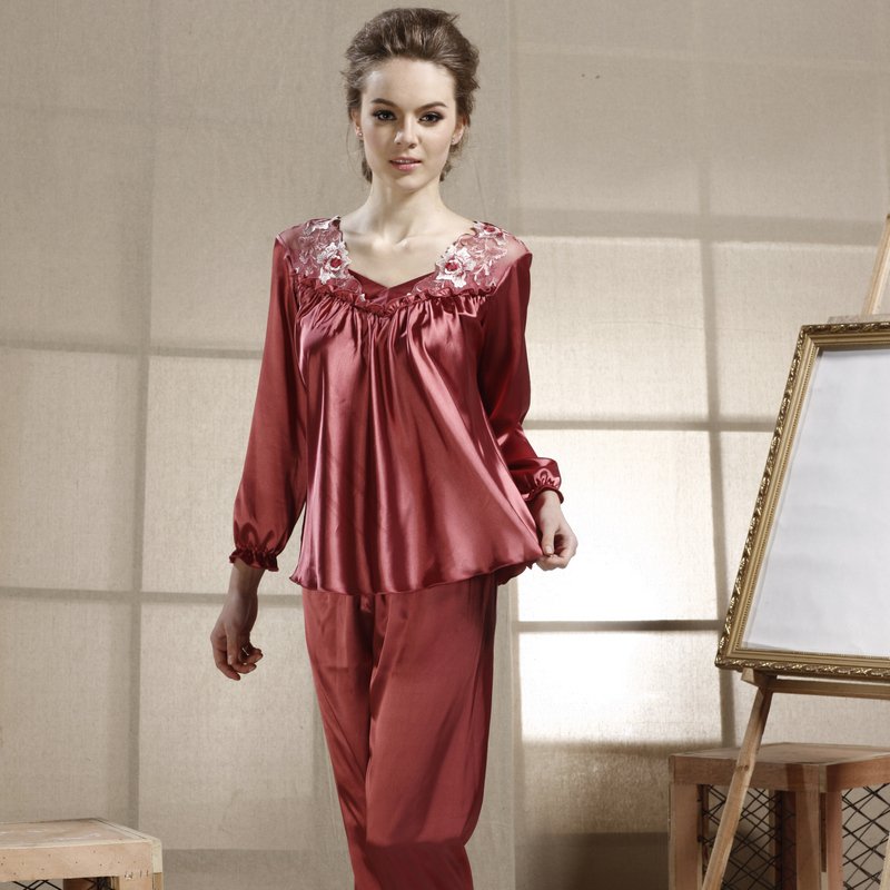 AMIO women's long-sleeve silk faux silk sleepwear twinset lounge 8019