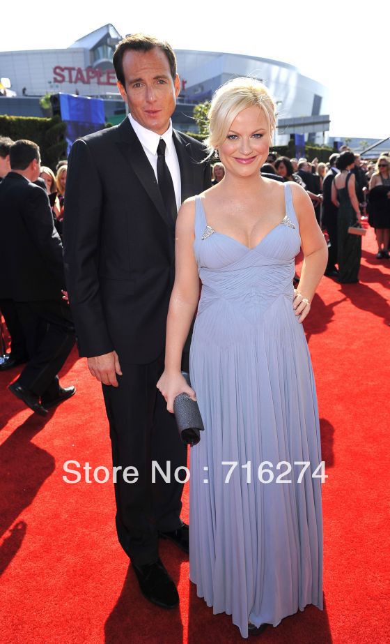 amy_poehler  Red Carpet Simple Stunning Blue Spaghetti Strap  Pleat Long Floor Length Chiffon Celebrity Dresses Prom Gown