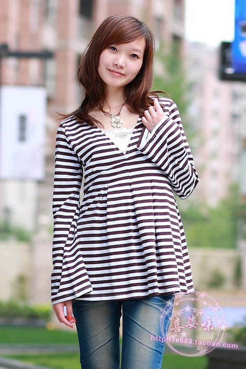 An81101 stripe maternity shirt maternity V-neck long-sleeve T-shirt anne maternity clothing maternity top