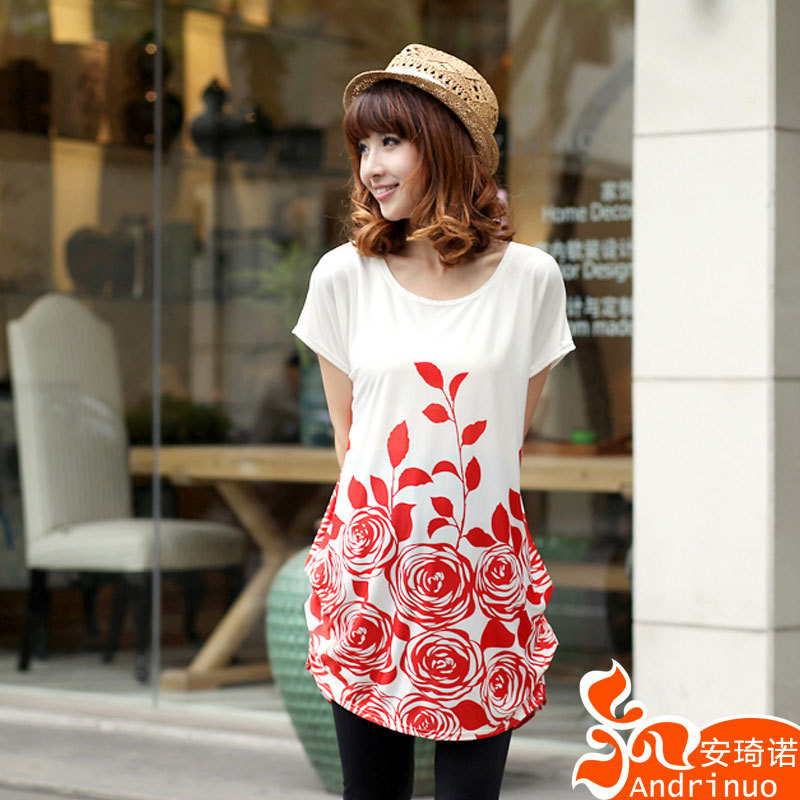 Andrinuo summer maternity clothing summer rose pleated long design t-shirt