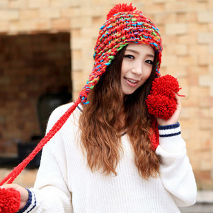Angelababy winter thermal multicolour knitted bianzi large sphere knitted hat