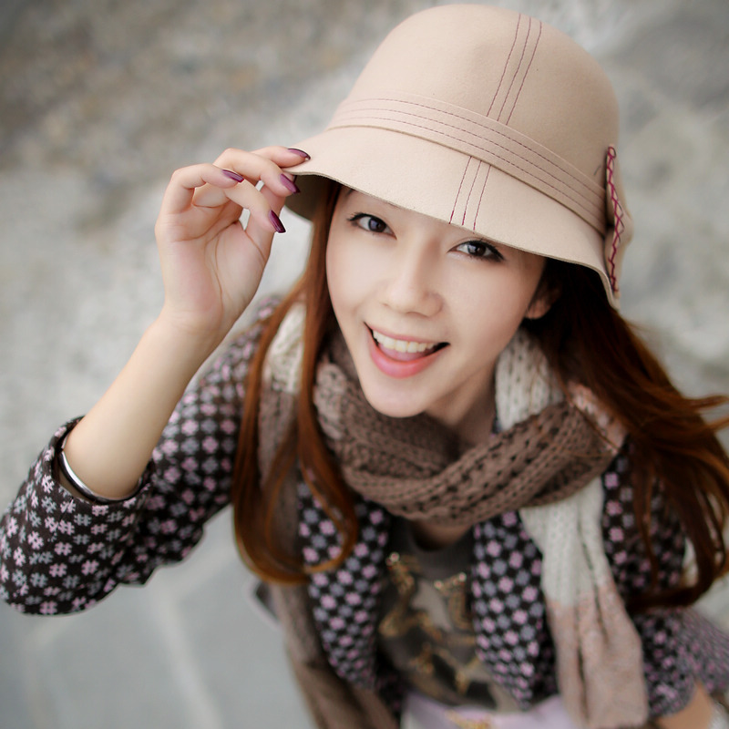 ANGELCITIZ fashion female winter hat bow short brim dome pure wool fedoras am10037