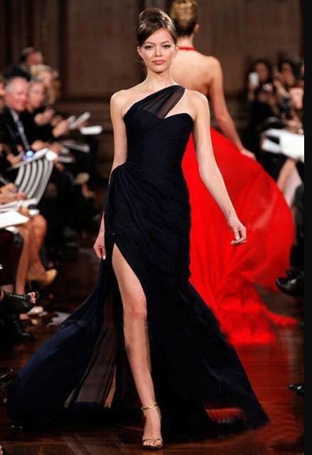 Angelina Jolie Front Slit Navy Asymmetrical One Shoulder Chiffon Ruched Pleated Celebrity Dress Blue