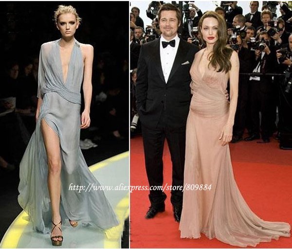 Angelina Jolie V-Neck  Sheath Chiffon Elegant Best Dressed Celebrity Dresses Prom Evening Dress Free Shipping-dk06