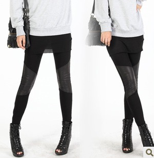 Ankle length legging female plus size faux leather patchwork legging autumn long trousers 9 black