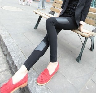 Ankle length legging female plus size faux leather patchwork legging autumn long trousers 9 black