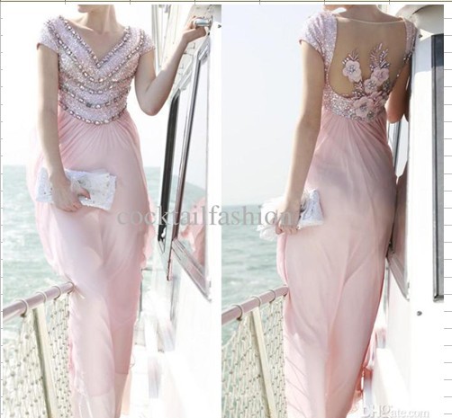 Ankle Length Pink Sexy Beads Sequin V neck Flower Exquisite Chiffon Party dresses Evening Dresses