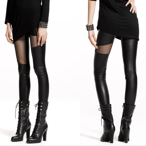 Ankle length trousers faux leather thin pants gauze personalized patchwork legging trousers female 9128