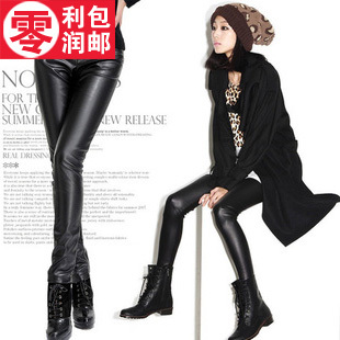 Ankle length trousers female faux leather pants autumn and winter warm pants thickening plus velvet faux leather patchwork