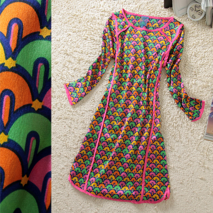 Anna 2013 spring and summer new arrival o-neck vintage color block blank silk one-piece dress 16b212