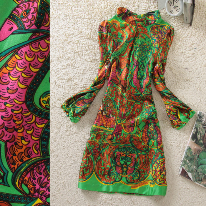Anna 2013 spring and summer vintage print back wrist-length sleeve silk one-piece dress 63a011