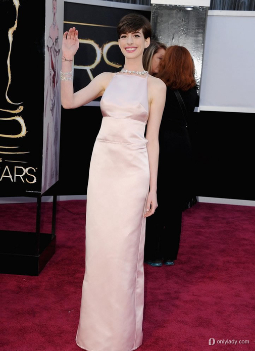 Anne Hathaway 2013 Oscar Red Carpet Dress Satin Sheath Pink Backless Celebrity Dresses OS001