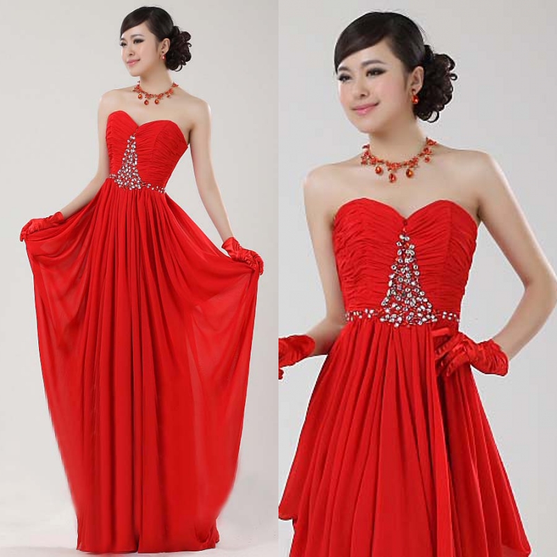 Annual meeting of company long formal dress red chiffon evening dress tube top beading formal dress re16