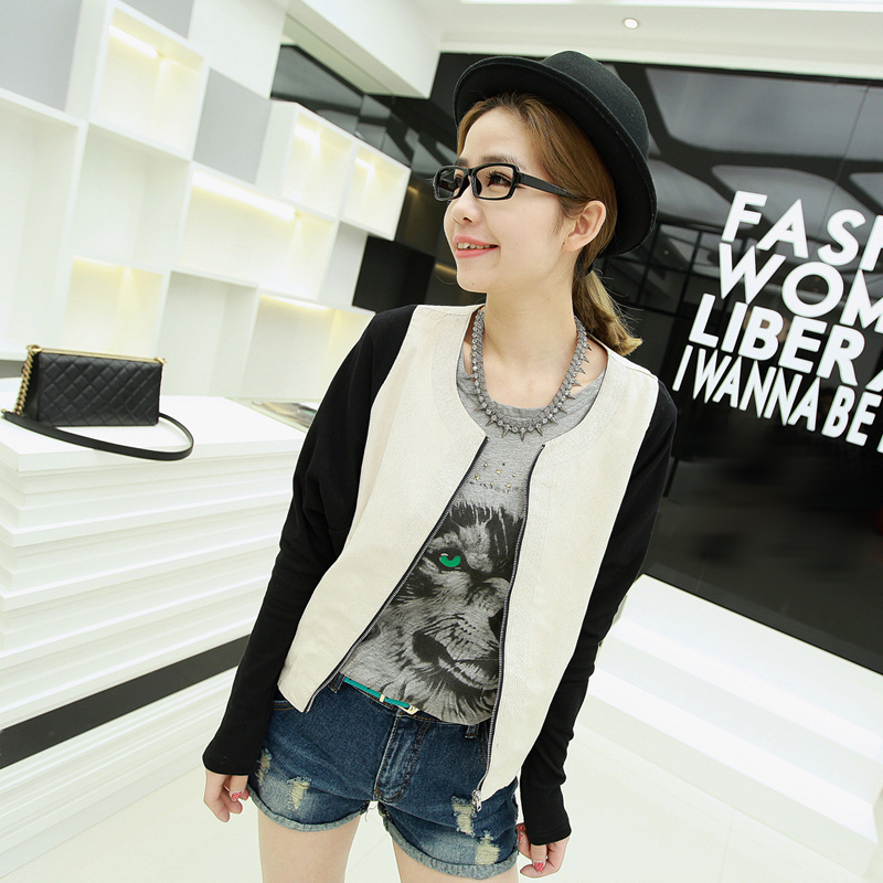 Ant 0307 o-neck zipper artificial leather color block decoration personality jacket outerwear