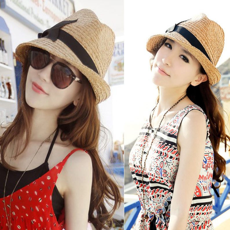 Anti-uv roll-up hem sun-shading straw hat fedoras summer women's